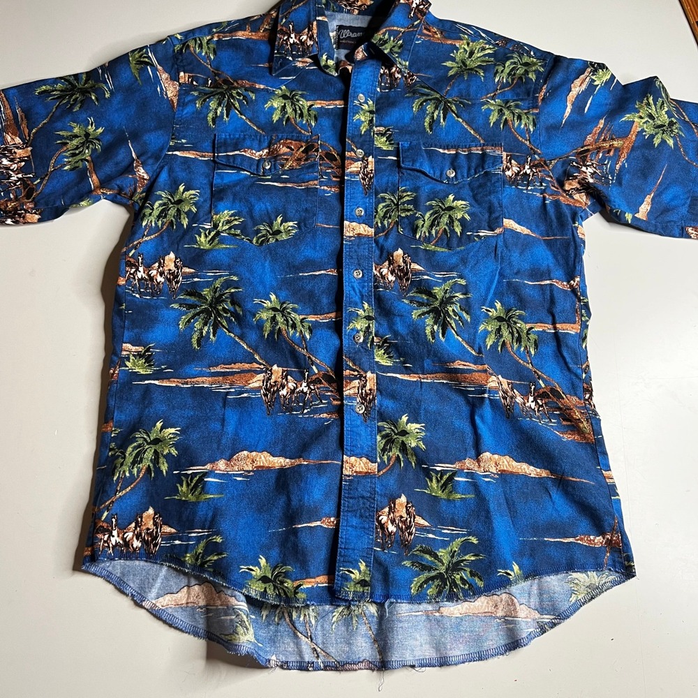 Wrangler Western Shirt Mens Blue Horse Palm Tree Print Short Sleeve Button Up